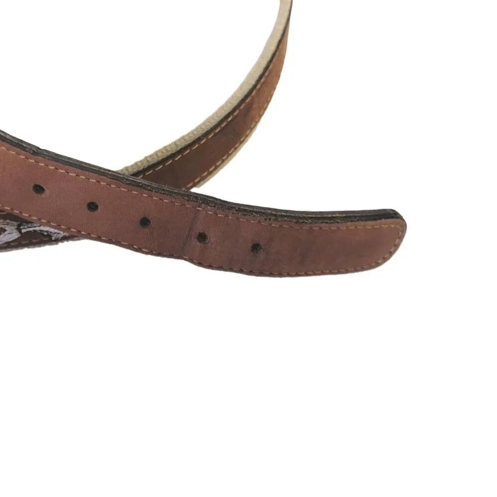 Zeppelin Trout Fishing Belt 42 Men Leather & Canvas Brass Buckle USA Embroidered